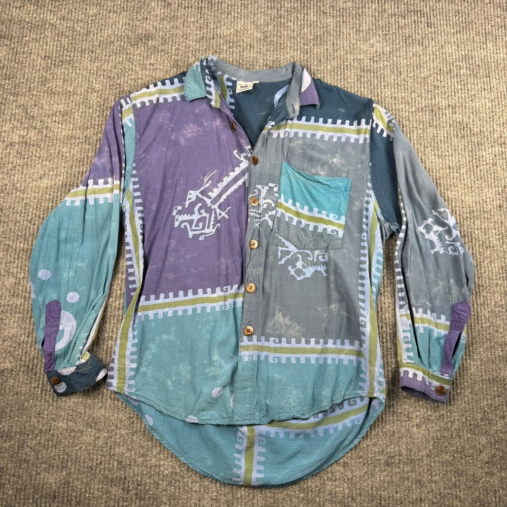 Vtg 90s Las Manos Button Up Shirt Womens S Rayon Southwestern Boho Wood Buttons
